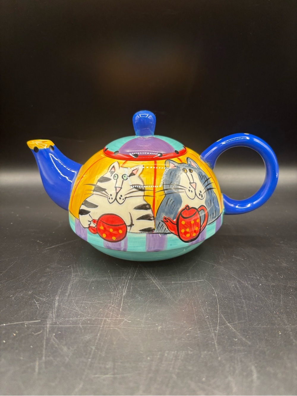 Catzilla 2001 Candace Reiter Design Ceramic Teapot Multicolor Whimsical Cat Bird